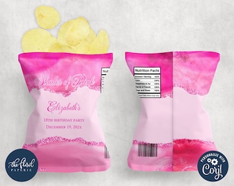 Plantilla para bolsa de patatas fritas en tonos rosas, recuerdo de fiesta editable (descarga digital)