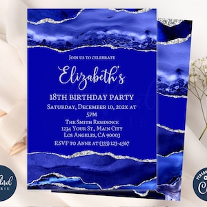 royal blue and silver birthday invitation template, blue any age birthday invitation, agate invitation, adult birthday, women birthday TFP42