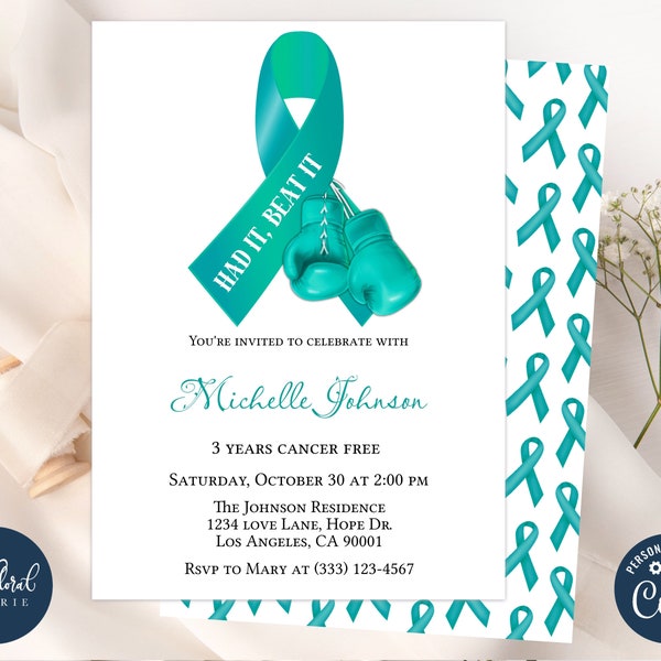 ovarian cancer survivor invitation template, editable teal ribbon invitation, printable ovarian cancer awareness invite, cancer free invites