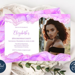 modèle d&#39;invitation d&#39;anniversaire violet, modifiable à tout âge, invitation d&#39;anniversaire, invitation agate, invitation photo, invitation violette TFP48