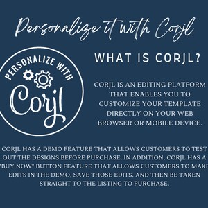 May include: A blue and white graphic with the text "Personalize it with Corjl" and a white circle with the text "PERSONALIZE WITH Corjl" and two gears. The text "WHAT IS CORJL?" is below the circle. The text "CORJL IS AN EDITING PLATFORM THAT ENABLES YOU TO CUSTOMIZE YOUR TEMPLATE DIRECTLY ON YOUR WEB BROWSER OR MOBILE DEVICE." is below the text "WHAT IS CORJL?". The text "CORJL HAS A DEMO FEATURE THAT ALLOWS CUSTOMERS TO TEST OUT THE DESIGNS BEFORE PURCHASE. IN ADDITION, CORJL HAS A "BUY NOW" BUTTON FEATURE THAT ALLOWS CUSTOMERS TO MAKE EDITS IN THE DEMO, SAVE THOSE EDITS, AND THEN BE TAKEN STRAIGHT TO THE LISTING TO PURCHASE." is below the text "CORJL IS AN EDITING PLATFORM THAT ENABLES YOU TO CUSTOMIZE YOUR TEMPLATE DIRECTLY ON YOUR WEB BROWSER OR MOBILE DEVICE."