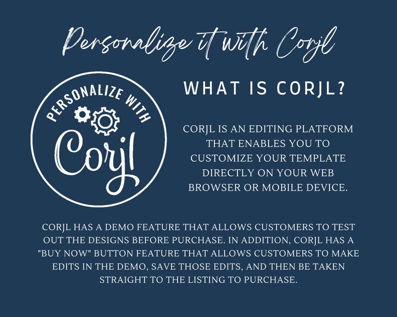 May include: A blue and white graphic with the text "Personalize it with Corjl" and a white circle with the text "PERSONALIZE WITH Corjl" and two gears. The text "WHAT IS CORJL?" is below the circle. The text "CORJL IS AN EDITING PLATFORM THAT ENABLES YOU TO CUSTOMIZE YOUR TEMPLATE DIRECTLY ON YOUR WEB BROWSER OR MOBILE DEVICE." is below the text "WHAT IS CORJL?". The text "CORJL HAS A DEMO FEATURE THAT ALLOWS CUSTOMERS TO TEST OUT THE DESIGNS BEFORE PURCHASE. IN ADDITION, CORJL HAS A "BUY NOW" BUTTON FEATURE THAT ALLOWS CUSTOMERS TO MAKE EDITS IN THE DEMO, SAVE THOSE EDITS, AND THEN BE TAKEN STRAIGHT TO THE LISTING TO PURCHASE." is below the text "CORJL IS AN EDITING PLATFORM THAT ENABLES YOU TO CUSTOMIZE YOUR TEMPLATE DIRECTLY ON YOUR WEB BROWSER OR MOBILE DEVICE."