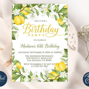 lemon birthday invitation template, lemon themed birthday invitation, printable lemon birthday party invites, citrus invitation