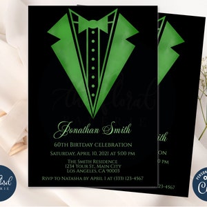 tuxedo invitation template, tuxedo birthday invitation, editable black and green birthday party invites, adult party invite, man invitation