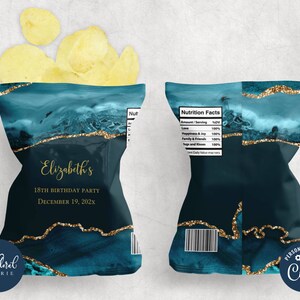 May include: A custom chip bag design with a teal and gold marble pattern. The front of the bag has the text "Elizabeth's 18th Birthday Party December 19, 202x". The back of the bag has a nutrition facts label. The bag is filled with potato chips.