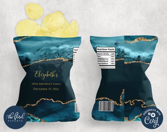 teal and gold chip bag template, editable potato chip bag wrapper, printable agate potato chips party favor label, custom chip bag TFP35