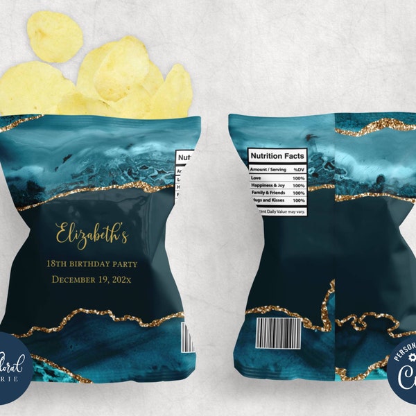 teal and gold chip bag template, editable potato chip bag wrapper, printable agate potato chips party favor label, custom chip bag TFP35