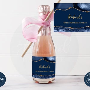 blue and gold mini champagne label template, editable wine bottle labels, printable wine bottle stickers, party favor, wedding favor