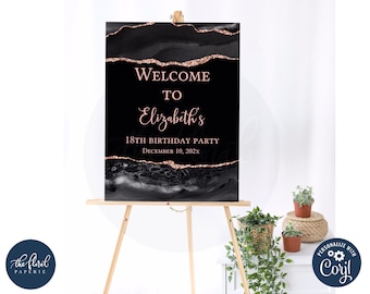 black and rose gold agate Welcome Sign template, printable birthday welcome sign poster, adult birthday, birthday party poster decor,