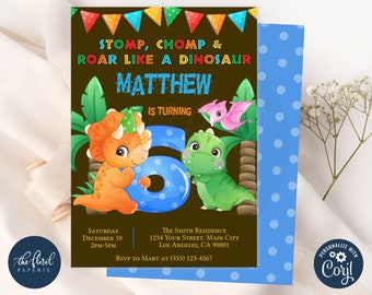 May include: A dinosaur-themed birthday invitation for a boy turning five. The invitation features a green dinosaur, an orange dinosaur, and a blue number five balloon. The text on the invitation reads "Stomp, Chomp & Roar Like a Dinosaur Matthew is turning 5".