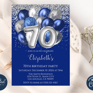 Plantilla de invitación para el 70 cumpleaños, cumpleaños azul marino y plateado, invitaciones para fiestas de cumpleaños con globos editables, invitación para fiestas de adultos, 70 cumpleaños