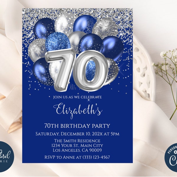 70th birthday invitation template, navy blue and silver birthday, editable balloons birthday party invites, adult party invite, 70 birthday