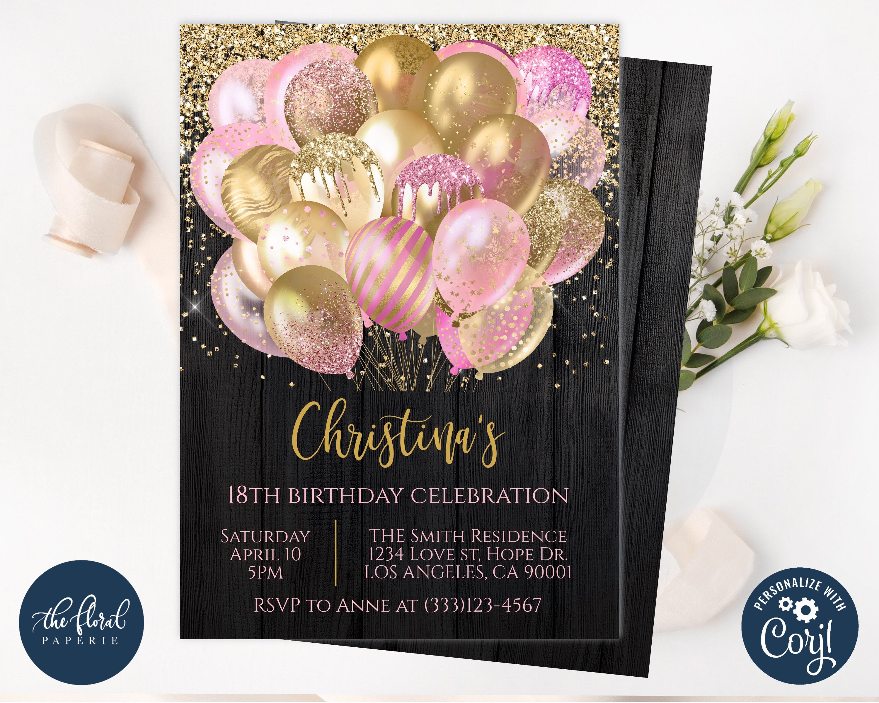 Pink and Gold Birthday Invitation Template Editable Girl | Etsy