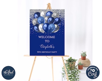 blue and silver birthday Welcome Sign template, printable birthday welcome sign poster, adult birthday, balloons poster party decor,