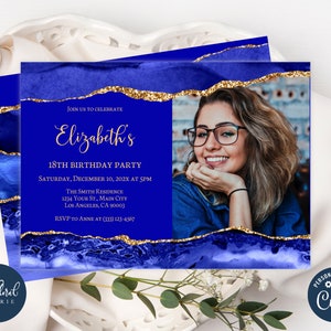 royal blue and gold birthday invitation template, any age birthday invitation, agate invitation, shades of blue photo invitation TFP50