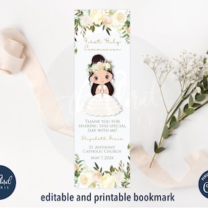 first holy communion bookmark template, printable baptism bookmark favors, girl first holy communion, editable communion favor, girl baptism
