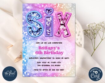 Sequin 6th Birthday Invitation Template, Editable Six Girl Party Invite (Digital)