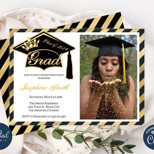 graduation party invitation template, editable black and gold graduation party invites, class of 2024, graduation invitation with photo