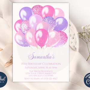 purple and pink birthday invitation template, editable kids birthday invitations, balloons birthday party invites, adult birthday invite