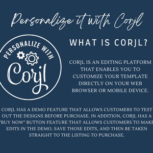 May include: A blue and white graphic with the text "Personalize it with Corjl" and a logo for Corjl, an online editing platform. The text "WHAT IS CORJL?" is also included, along with a description of the platform's features.