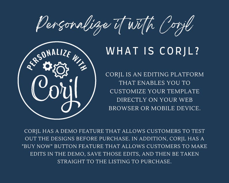 May include: A blue and white graphic with the text "Personalize it with Corjl" and a logo for Corjl, an online editing platform. The text "WHAT IS CORJL?" is also included, along with a description of the platform's features.