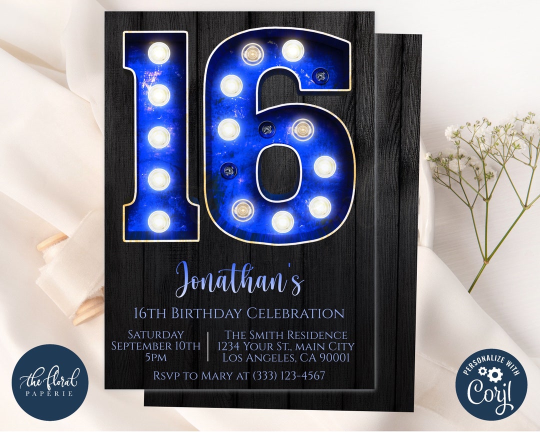 16th Birthday Invitation Template, Editable 16th Birthday Blue and 16th Birthday Invitation Template, Editable 16th Birthday Blue and