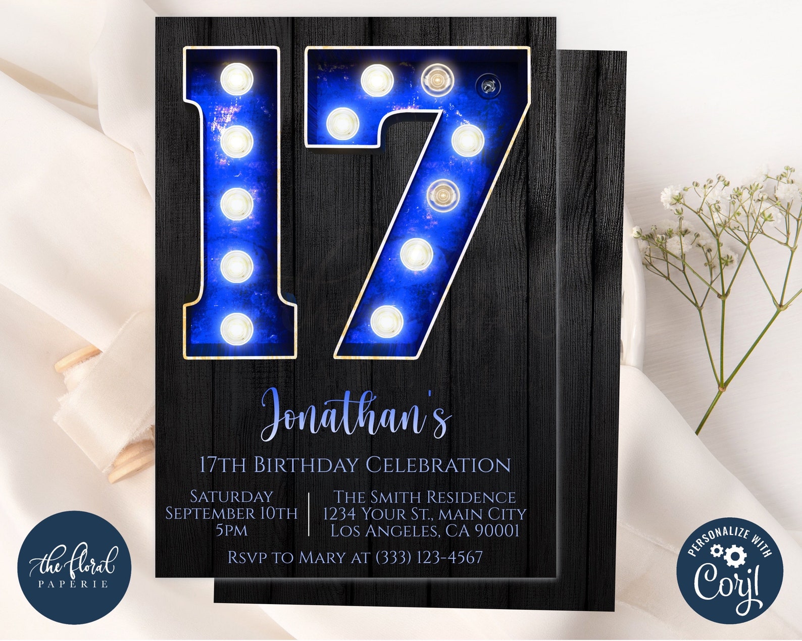 17th Birthday Invitation Template Editable 17th Birthday Blue and