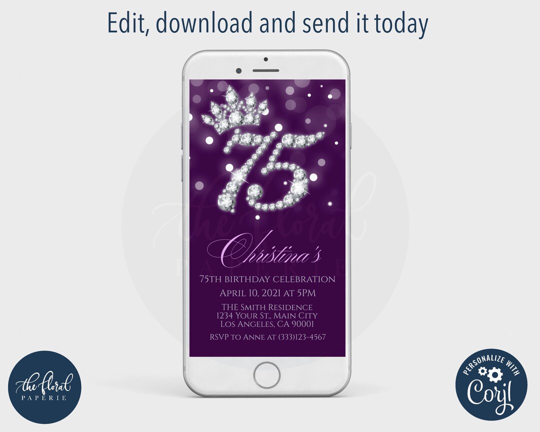 75th Birthday Text Invitation Template, Editable Birthday Text Invites