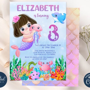 mermaid birthday invitation template, girl birthday party invitation, mermaid party invitation, mermaid invitation, under the sea tfp20
