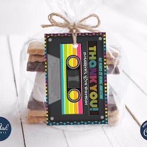 80er Jahre Geburtstag Geschenkanhänger, Vorlage für Kassettenbänder, bearbeitbare Geburtstagsgeschenkanhänger, Dankeschön-Etiketten, personalisierte Anhänger