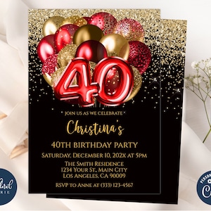 black red and gold birthday invitation template, editable 40th birthday invitations, balloons birthday party invites, adult birthday invites