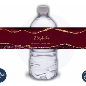 burgundy and gold water bottle label template, editable agate water bottle stickers, birthday favor bottle label, water bottle wrapper TFP29