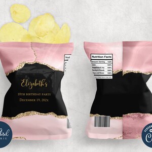May include: Pink and black chip bag with gold glitter accents. The bag has a personalized message that says "Elizabeth's 18th Birthday Party December 19, 202x".