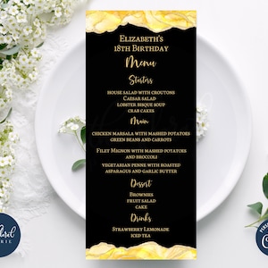 szablon karty menu w kolorze żółtym i czarnym, edytowalna karta menu na wydarzenie, karta menu do wydrukowania, karta menu na kolację, karta menu agatowa, menu urodzinowe TFP34
