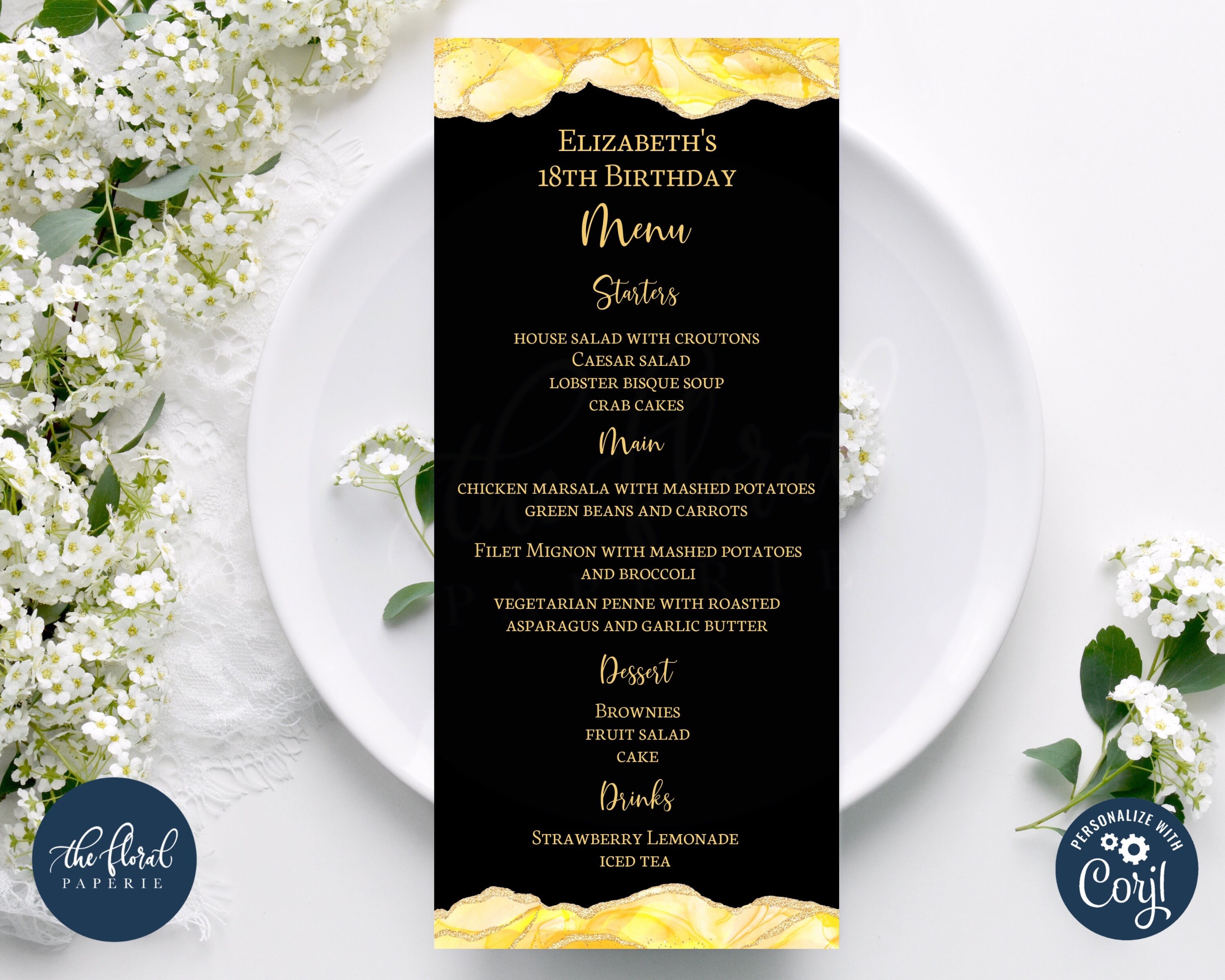 Yellow and Black Menu Card Template, Editable Event Menu Card ...
