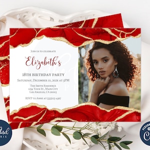 red and gold birthday invitation template, editable any age birthday invitation, agate invitation, women birthday, photo invitation TFP37