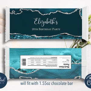 teal and silver chocolate wrapper template, editable candy bar wrapper, printable chocolate bar wrapper, chocolate bars birthday favor TFP46