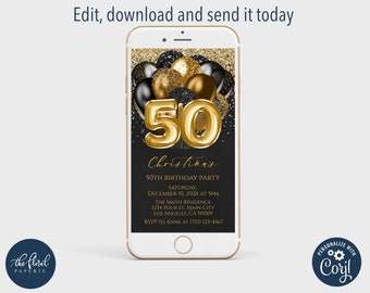 50th birthday text invitation template, editable birthday text invite, birthday digital invitation, phone invitation, electronic invitation