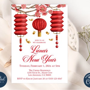 Chinesische Neujahrseinladungsvorlage, Mondneujahrseinladung, druckbare chinesische Neujahrseinladungen, bearbeitbare chinesische Feiereinladung