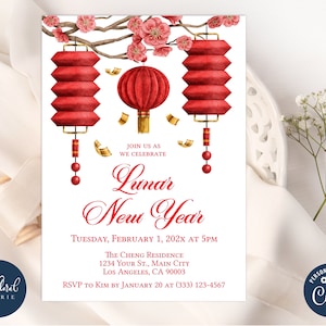 modèle d'invitation pour le nouvel an chinois, invitation pour le nouvel an lunaire, invitations imprimables pour le nouvel an chinois, invitation modifiable à une célébration chinoise
