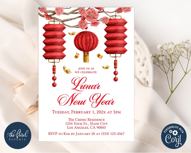 chinese new year invitation template, lunar new year invitation, printable chinese new year invites, editable chinese celebration invitation image 1