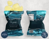 Teal And Silver Agate Chip Bag Template, Editable Party Favor (Digital Download)
