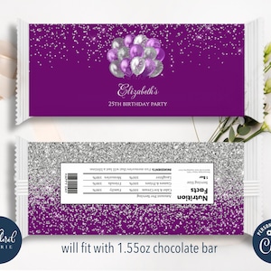 purple and silver chocolate wrapper template, candy bar wrapper, printable chocolate bar wrapper, party favor labels, birthday favors