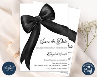 Black Bow Birthday Invitation Template, Editable Coquette Party Invite (Digital)
