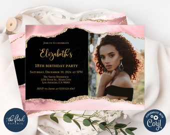 blush und schwarze Geburtstagseinladungsvorlage, bearbeitbar jedes Alter Geburtstagseinladung, Achateinladung, Frauen Geburtstag, Fotoeinladung TFP30