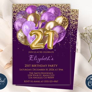 21st birthday invitation template, editable purple and gold birthday invite, balloon birthday party invites, adult party invite, 21 birthday