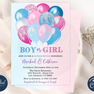 Geschlecht offenbaren Einladung Vorlage, Babyparty Einladungen, blaue und rosa Luftballons Einladung, Junge oder Mädchen Einladung, er oder sie lädt ein