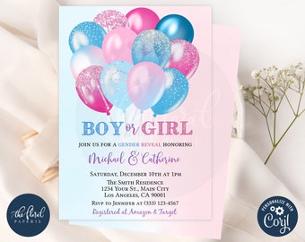 gender reveal invitation template, printable baby shower invites, blue and pink balloons invite, boy or girl invitation, he or she invites