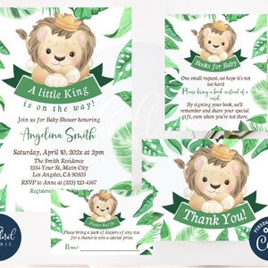 Plantilla de invitación para baby shower de león, conjunto de invitaciones para baby shower de niño, paquete de invitaciones para baby shower de rey león, invitaciones para baby shower de jungla