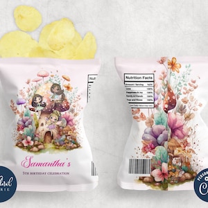 May include: A pink and white chip bag with a whimsical fairy scene featuring three fairies sitting on a mushroom. The bag has the text "Samantha's 5th Birthday Celebration" printed on the front. The back of the bag has a nutrition facts label with whimsical text and a floral design.